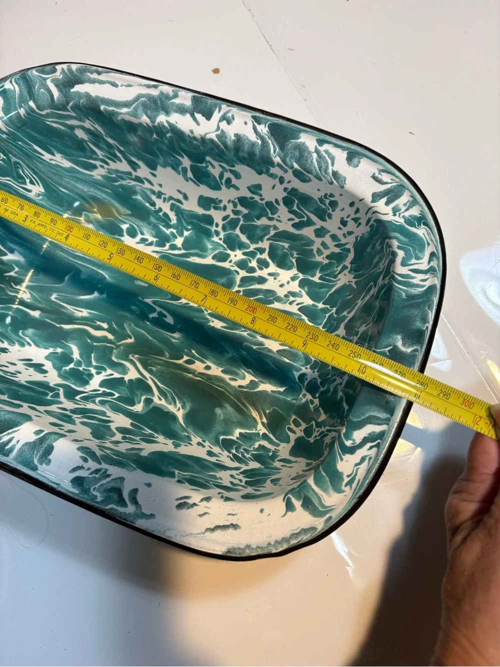 vintage rectangular enamelwear baking pan teal white swirl pattern